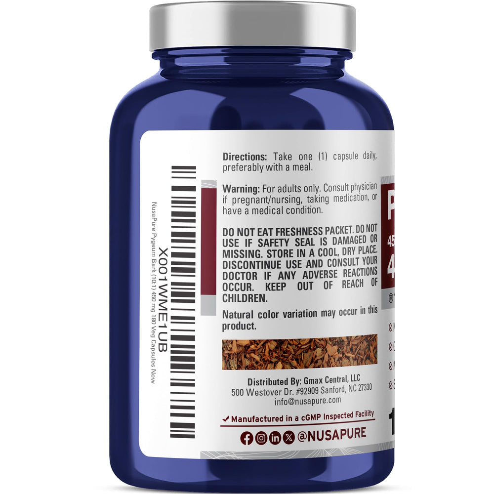 NusaPure Pygeum Bark label closeup highlighting vegan, non-GMO formulation.