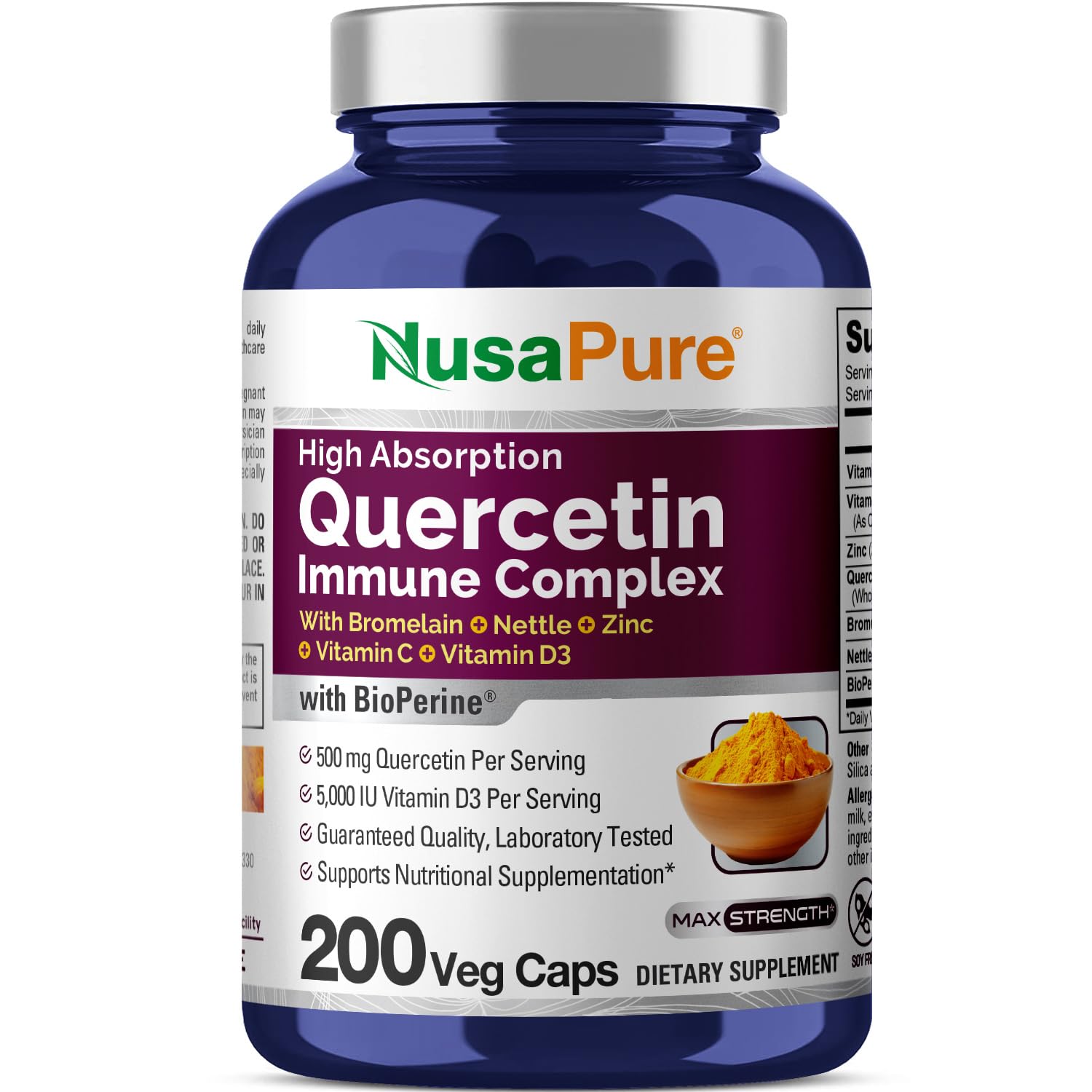NusaPure Quercetin Complex bottle front with vegan capsules for daily wellness.