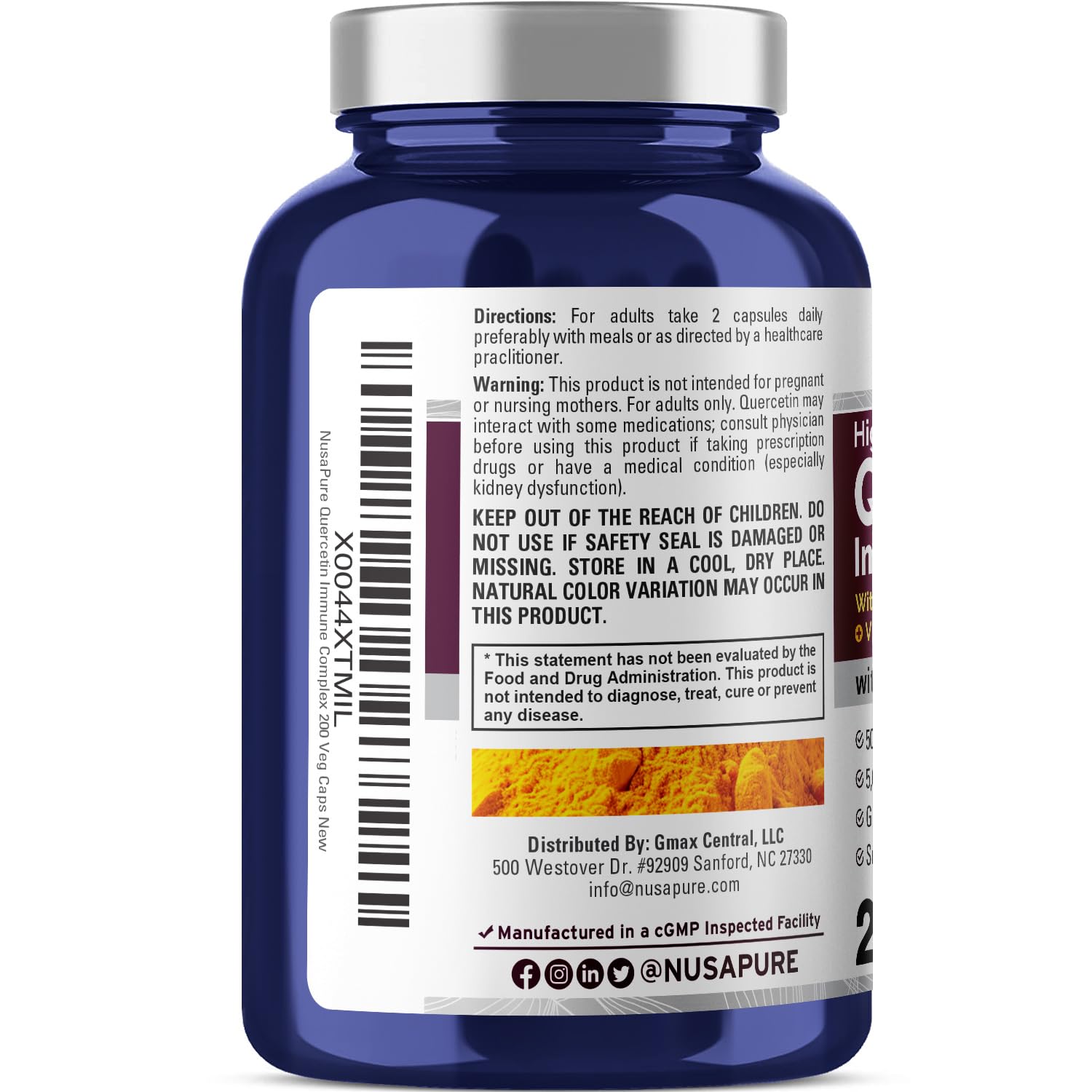 Close-up of Quercetin Complex capsules highlighting vegan formula and Bioperine.