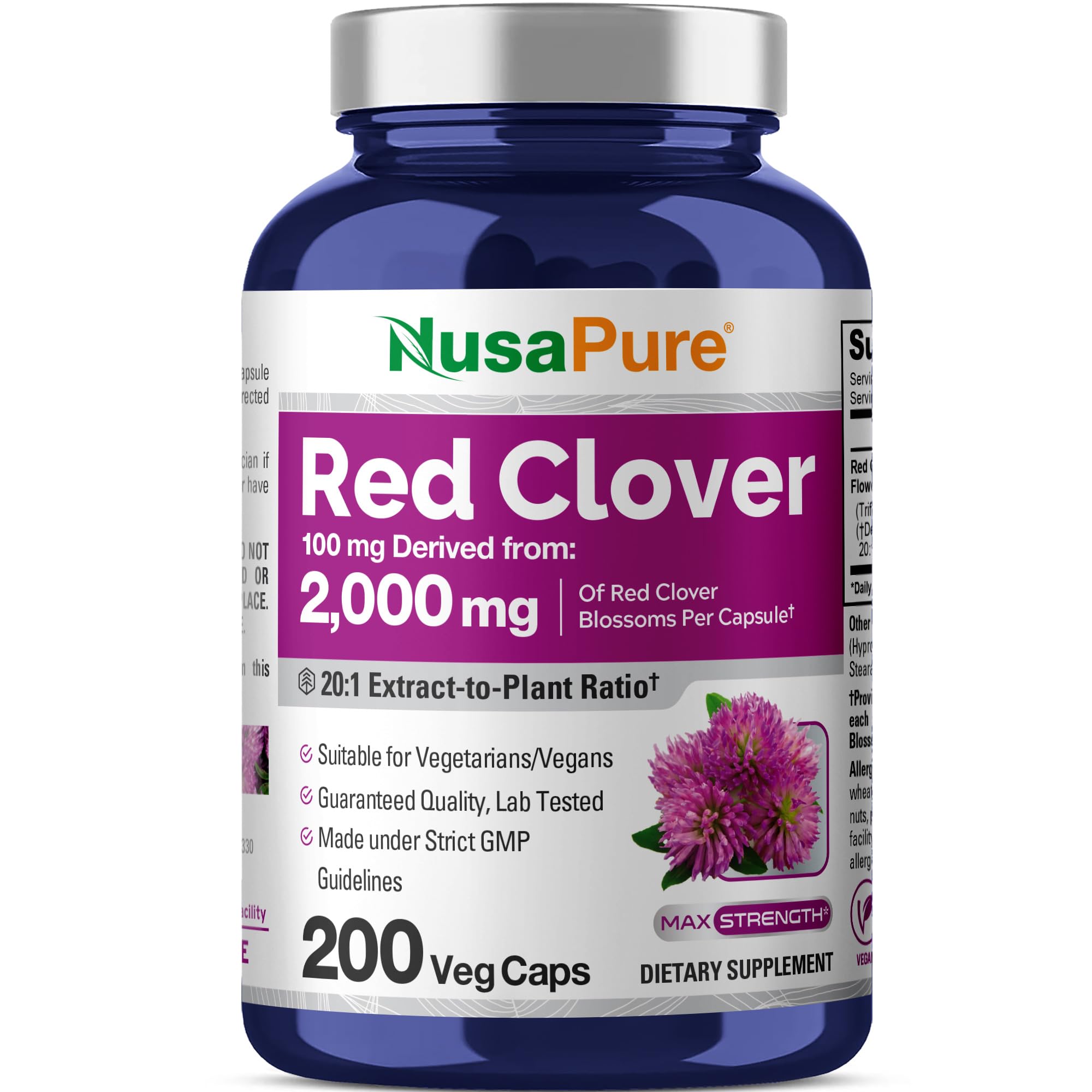 NusaPure Red Clover Blossoms bottle for daily vegan supplementation.