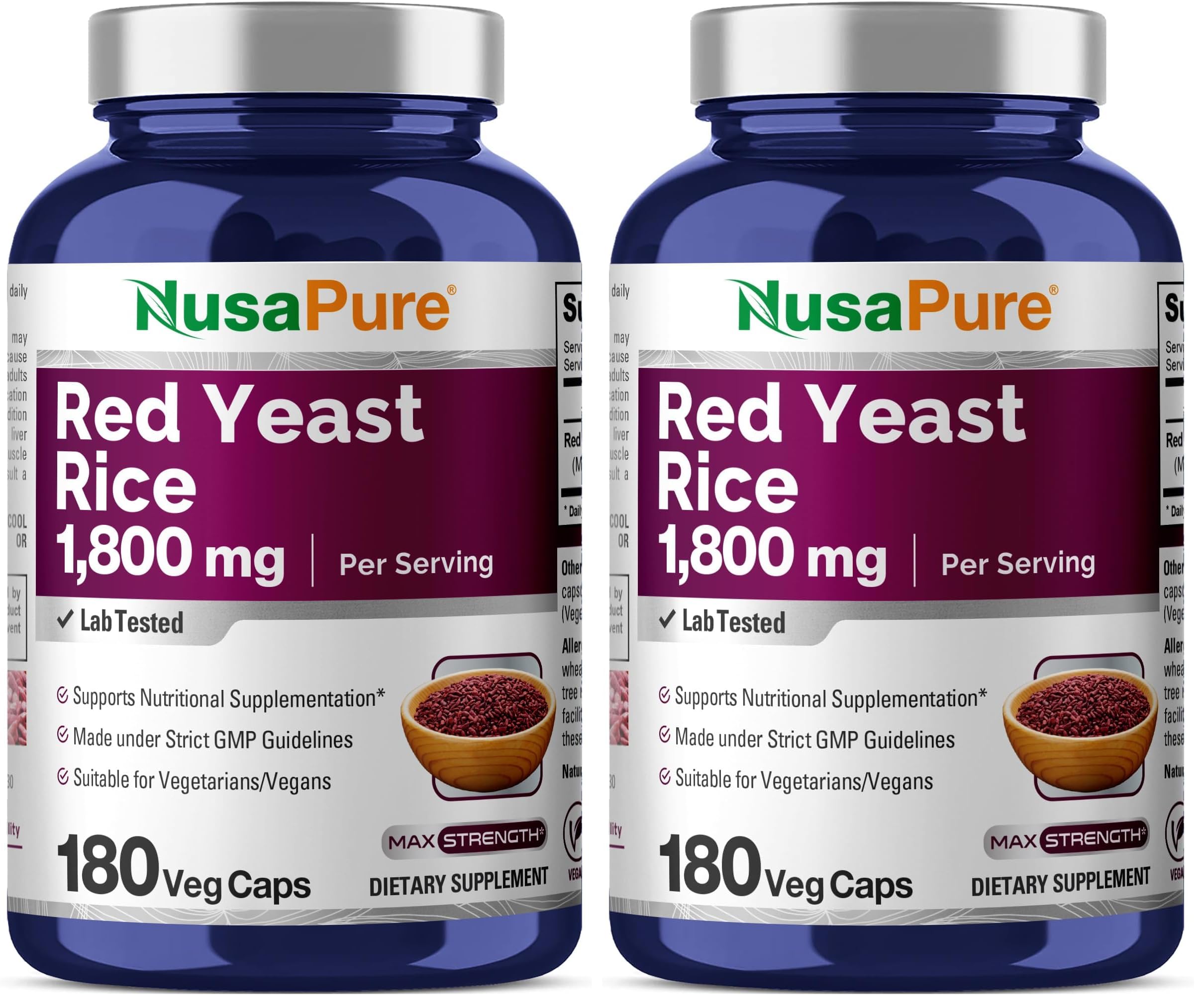 NusaPure Red Yeast Rice 1800mg bottle emphasizes quality for daily supplementation.
