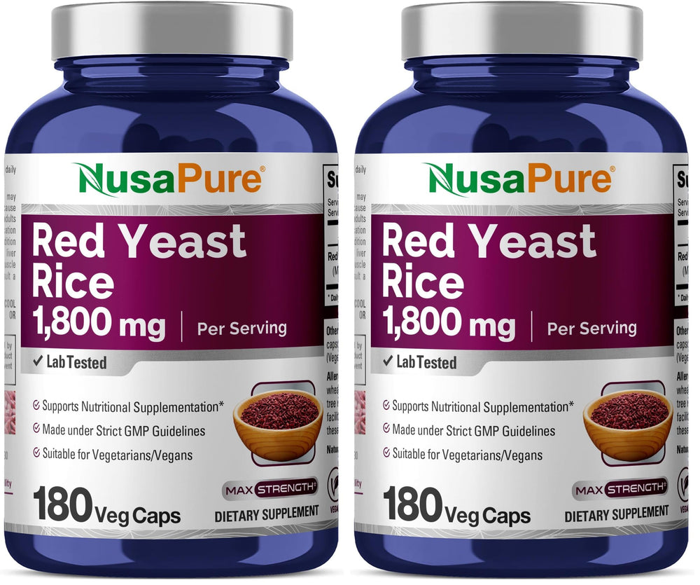 NusaPure Red Yeast Rice 1800mg bottle emphasizes quality for daily supplementation.