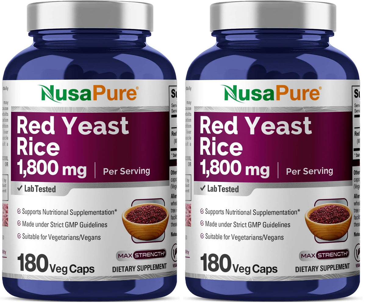 NusaPure Red Yeast Rice 1800mg bottle emphasizes quality for daily supplementation.