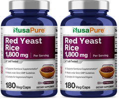 NusaPure Red Yeast Rice 1800mg bottle emphasizes quality for daily supplementation.