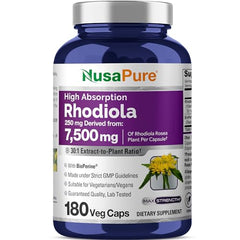 NusaPure Rhodiola Rosea bottle with vegan and gluten-free capsules.