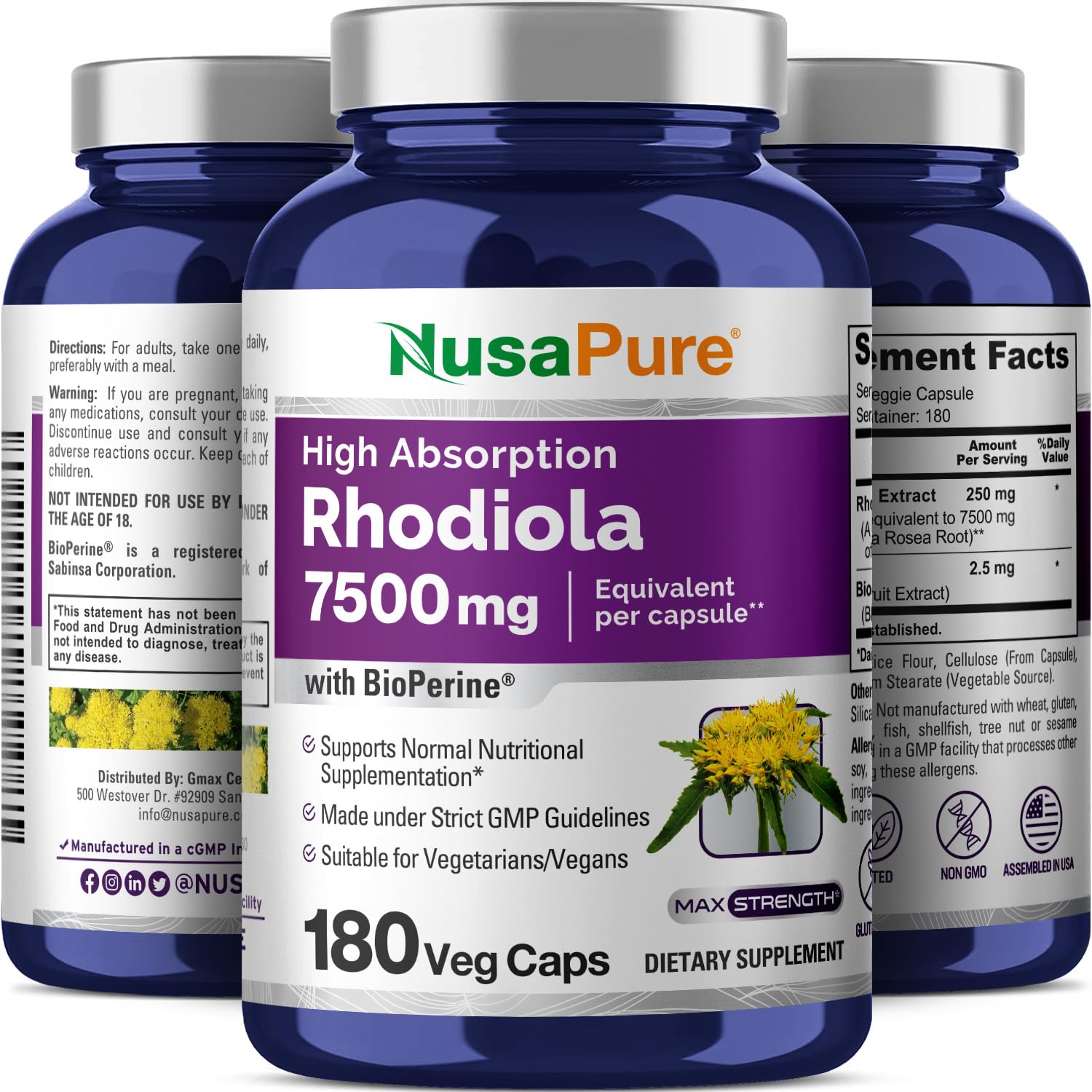 NusaPure Rhodiola Rosea packaging confirms vegan, gluten-free, non-GMO status.