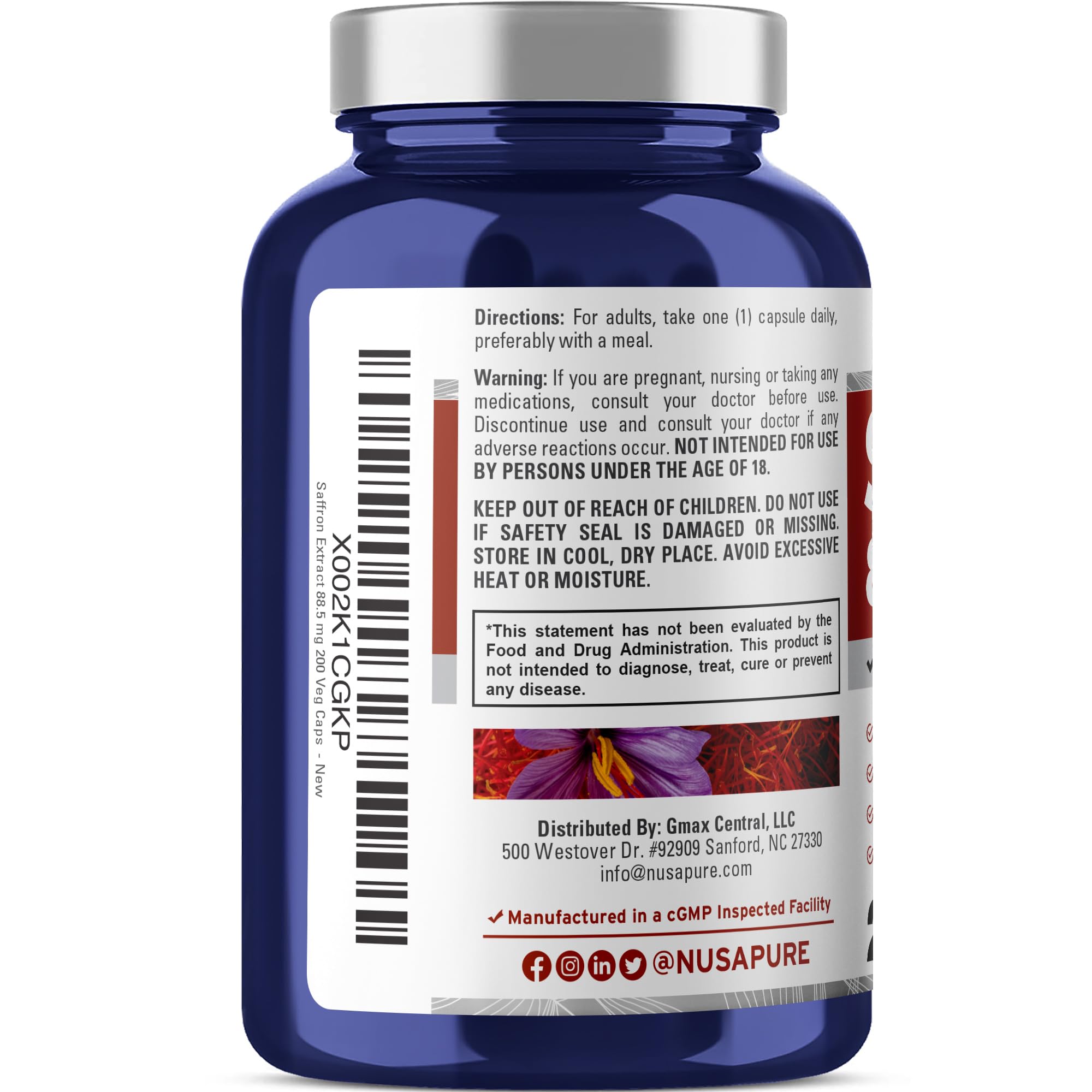 Label detail of NusaPure saffron extract showing standardized dosage per capsule
