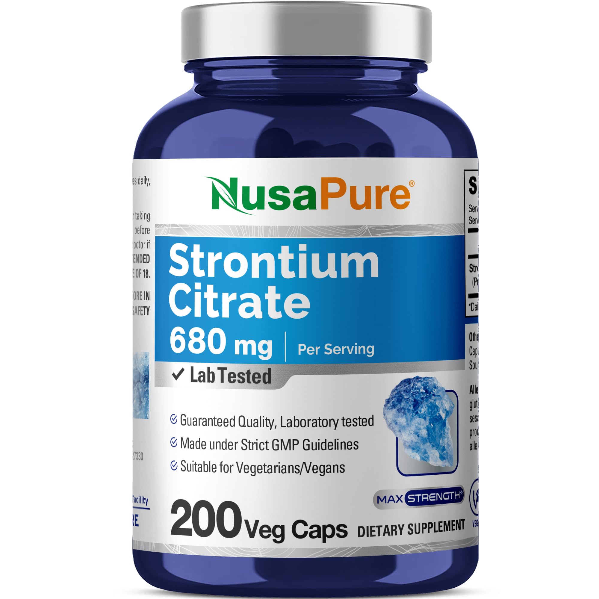 NusaPure Strontium Citrate bottle front showing 680 mg per serving for daily use