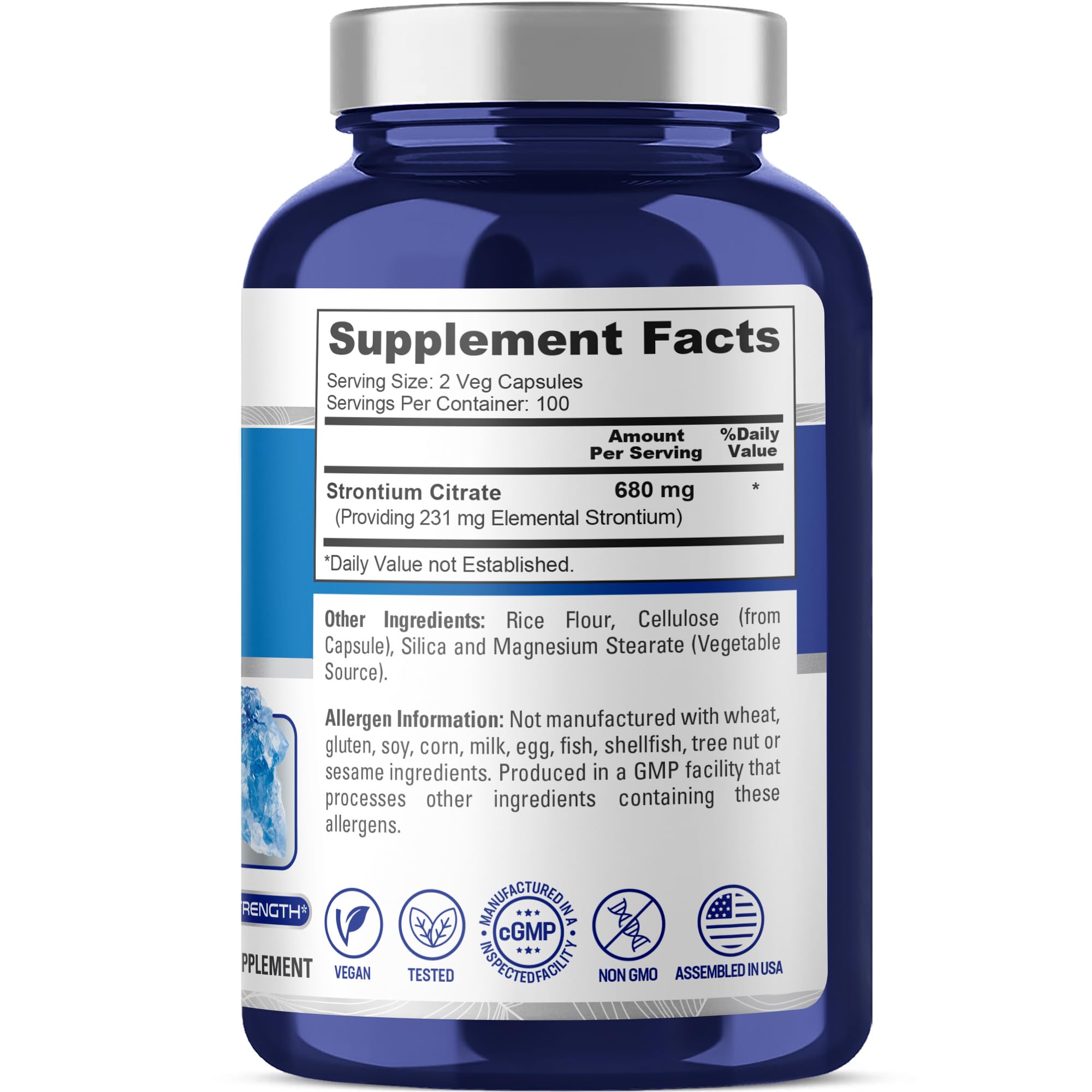 NusaPure Strontium Citrate label detail highlights vegan and non-GMO credentials