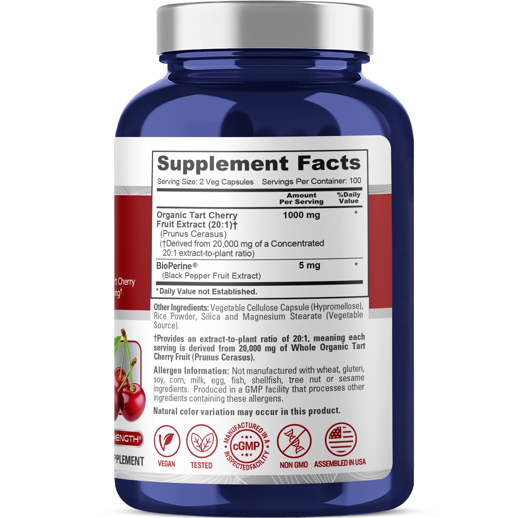 NusaPure Tart Cherry 20:1 extract capsules for vegan daily support.