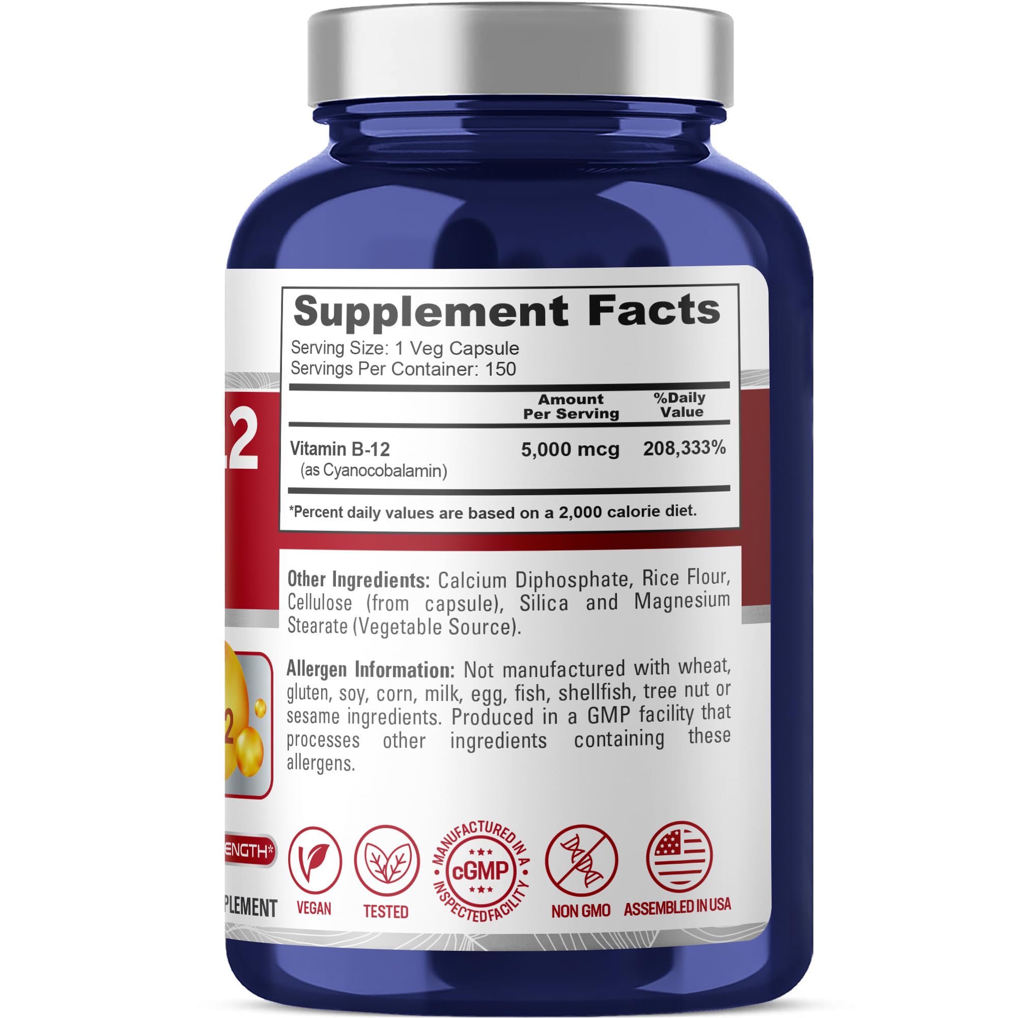 NusaPure Vitamin B12-5000mcg veggie capsules close-up highlighting vegan formula for plant-based diets.