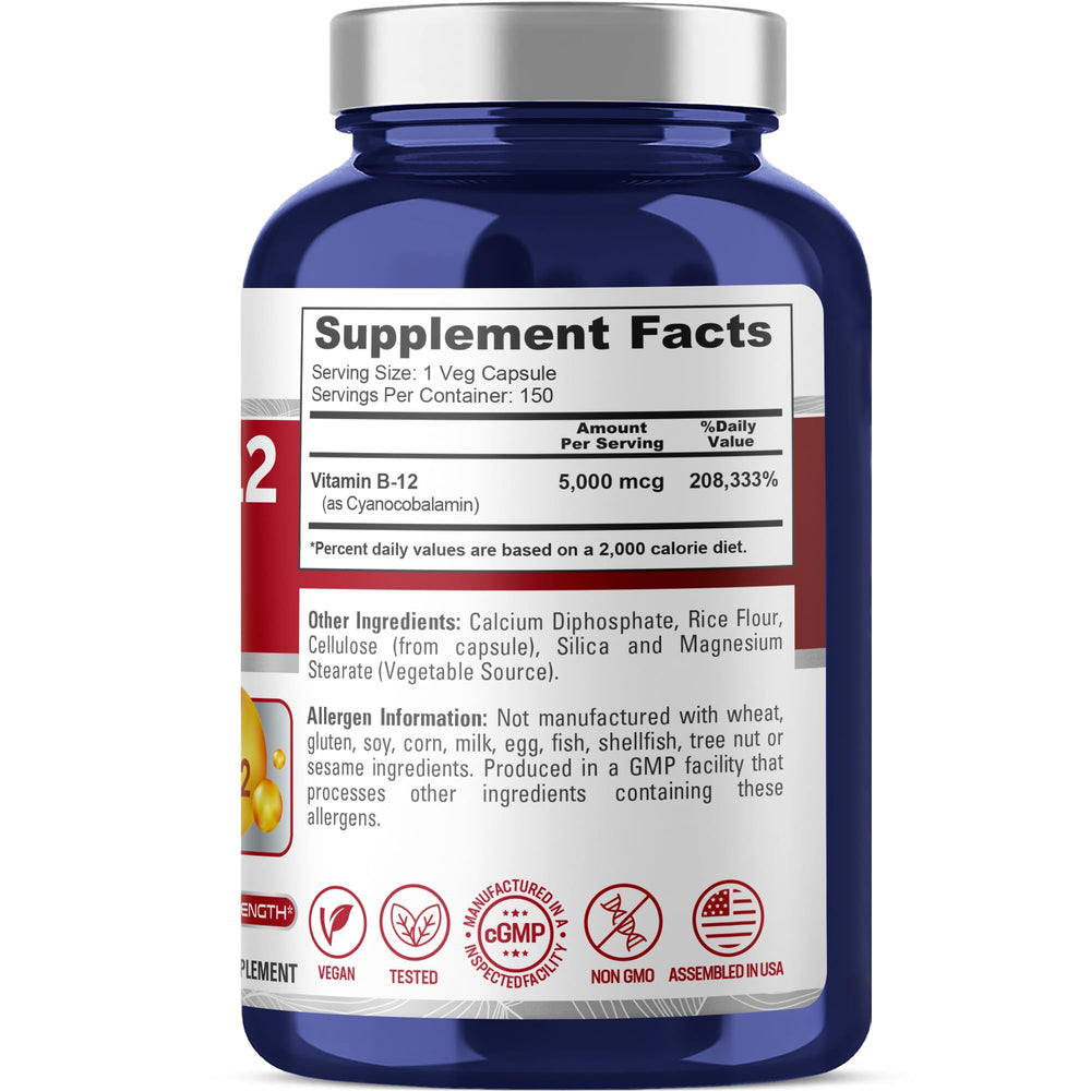 NusaPure Vitamin B12-5000mcg veggie capsules close-up highlighting vegan formula for plant-based diets.