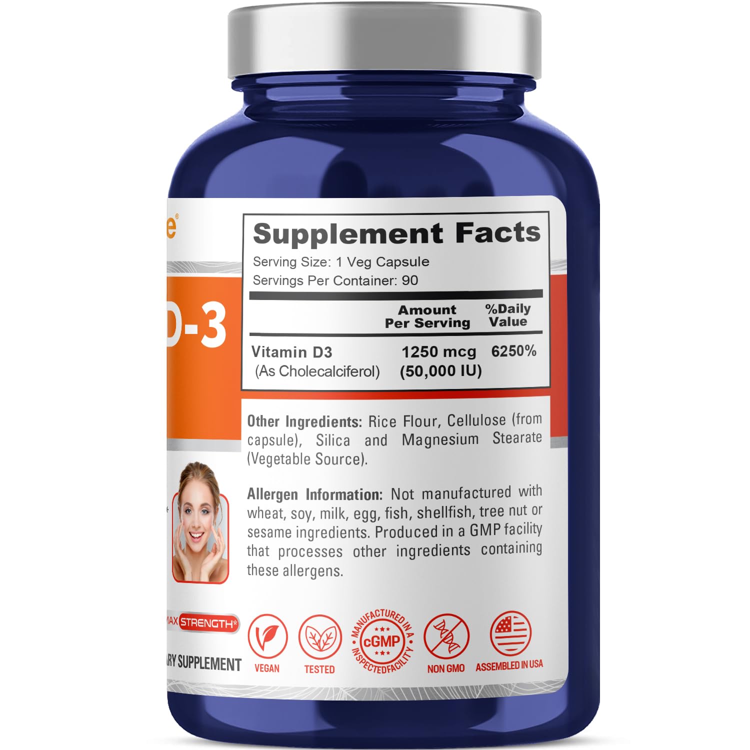 NusaPure Vitamin D3 veggie capsules close-up showing 90-capsule supply.