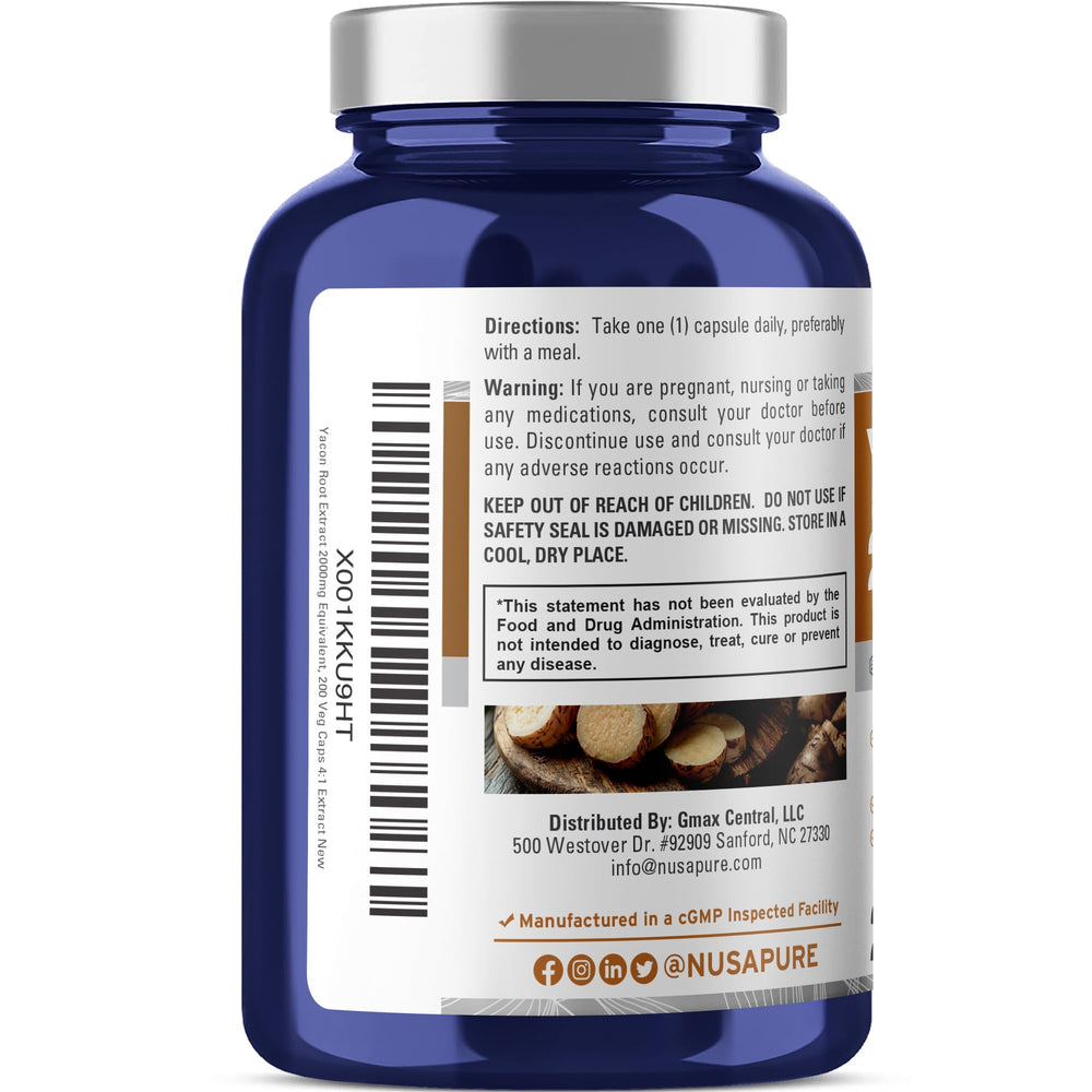NusaPure Yacon Root Extract capsules arranged for vegan, non-GMO daily use.