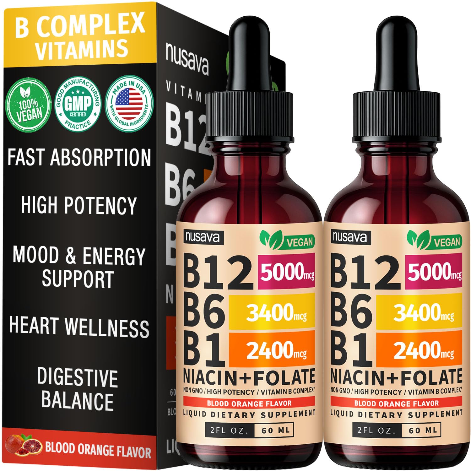 NUSAVA 2-pack Vitamin B12 and B6 liquid drops bottle for daily energy support