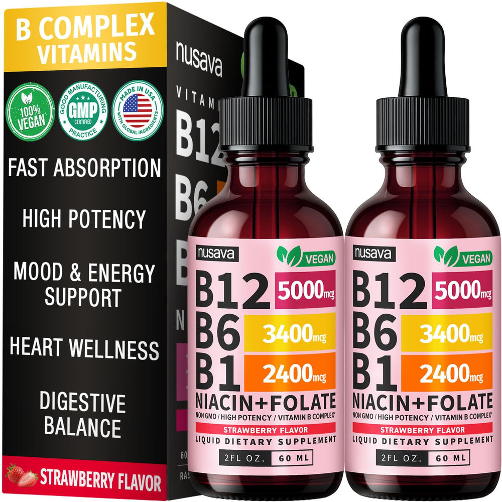 NUSAVA B12 and B6 liquid drops bottle with strawberry flavor for daily energy support