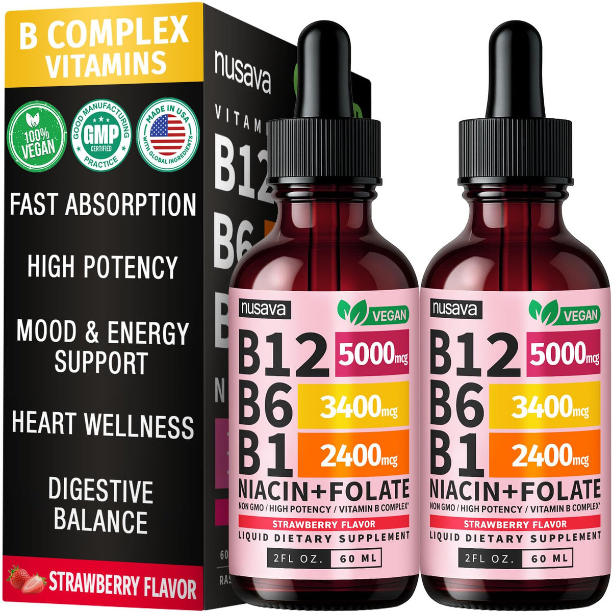 NUSAVA B12 and B6 liquid drops bottle with strawberry flavor for daily energy support