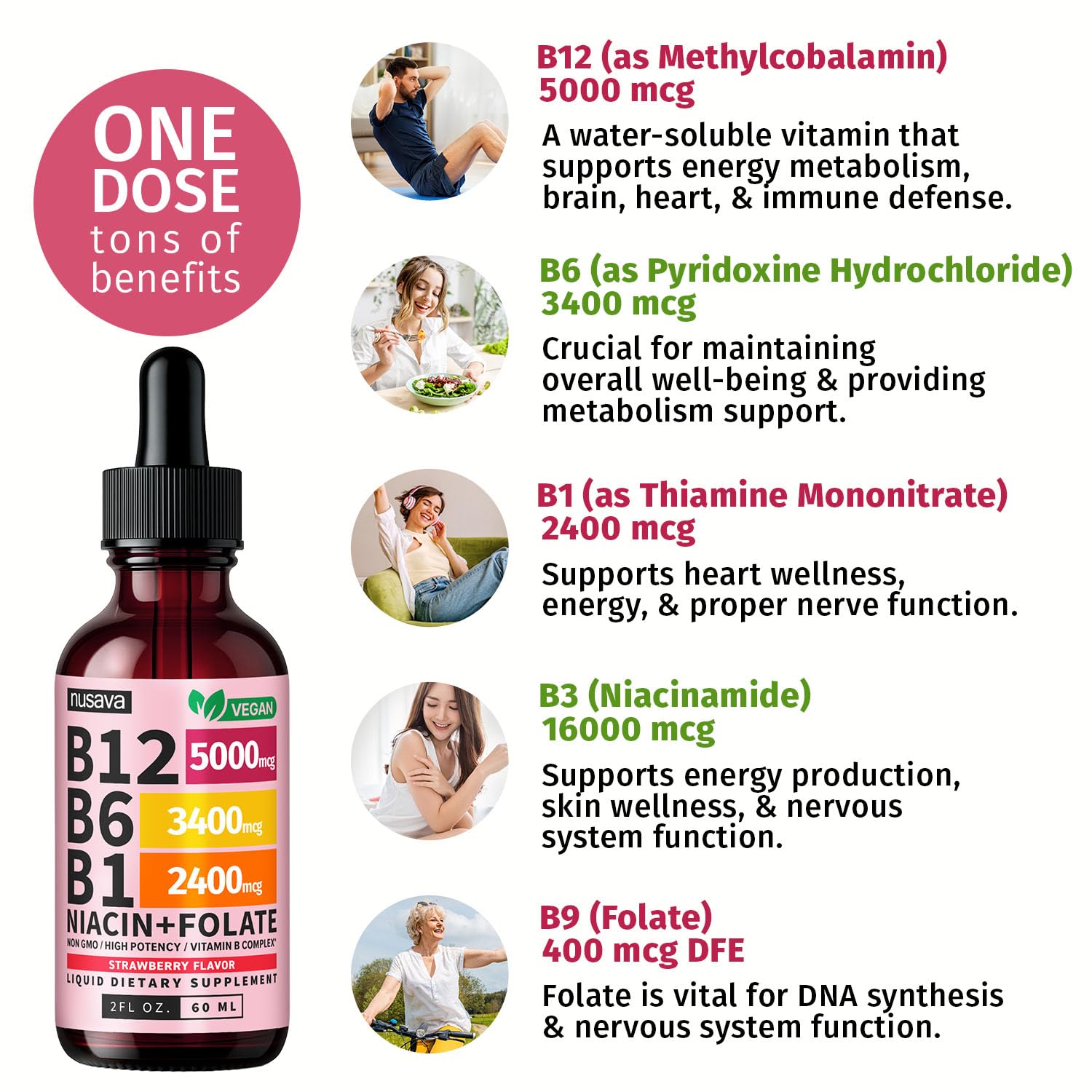 Ingredient label on bottle highlighting vegan, non-GMO, gluten-free formula