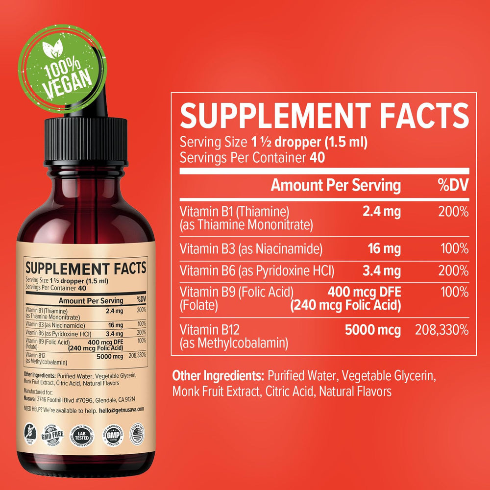 NUSAVA B12 B6 drops label closeup showing vegan, non-GMO formula
