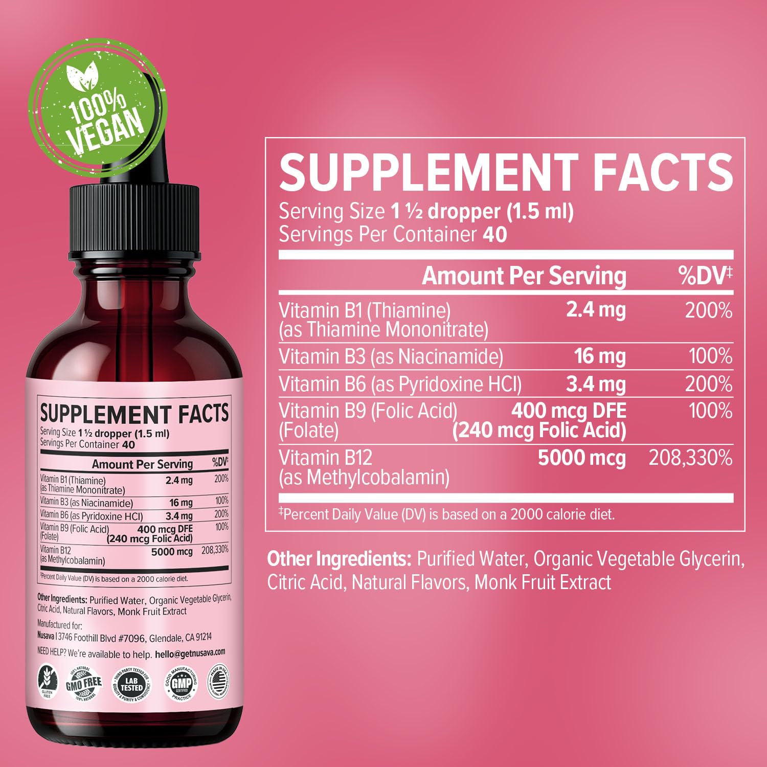 Strawberry flavored NUSAVA B12+B6 liquid drops packaging close-up