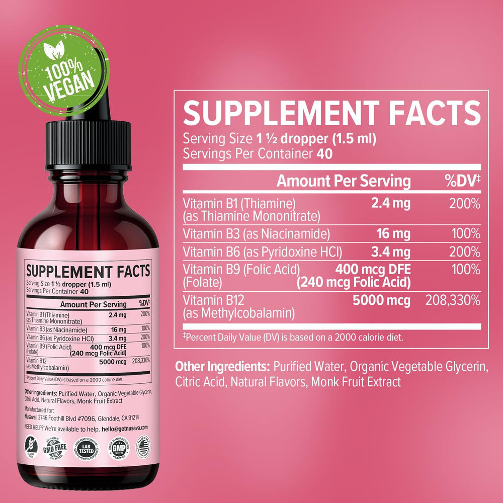 Strawberry flavored NUSAVA B12+B6 liquid drops packaging close-up