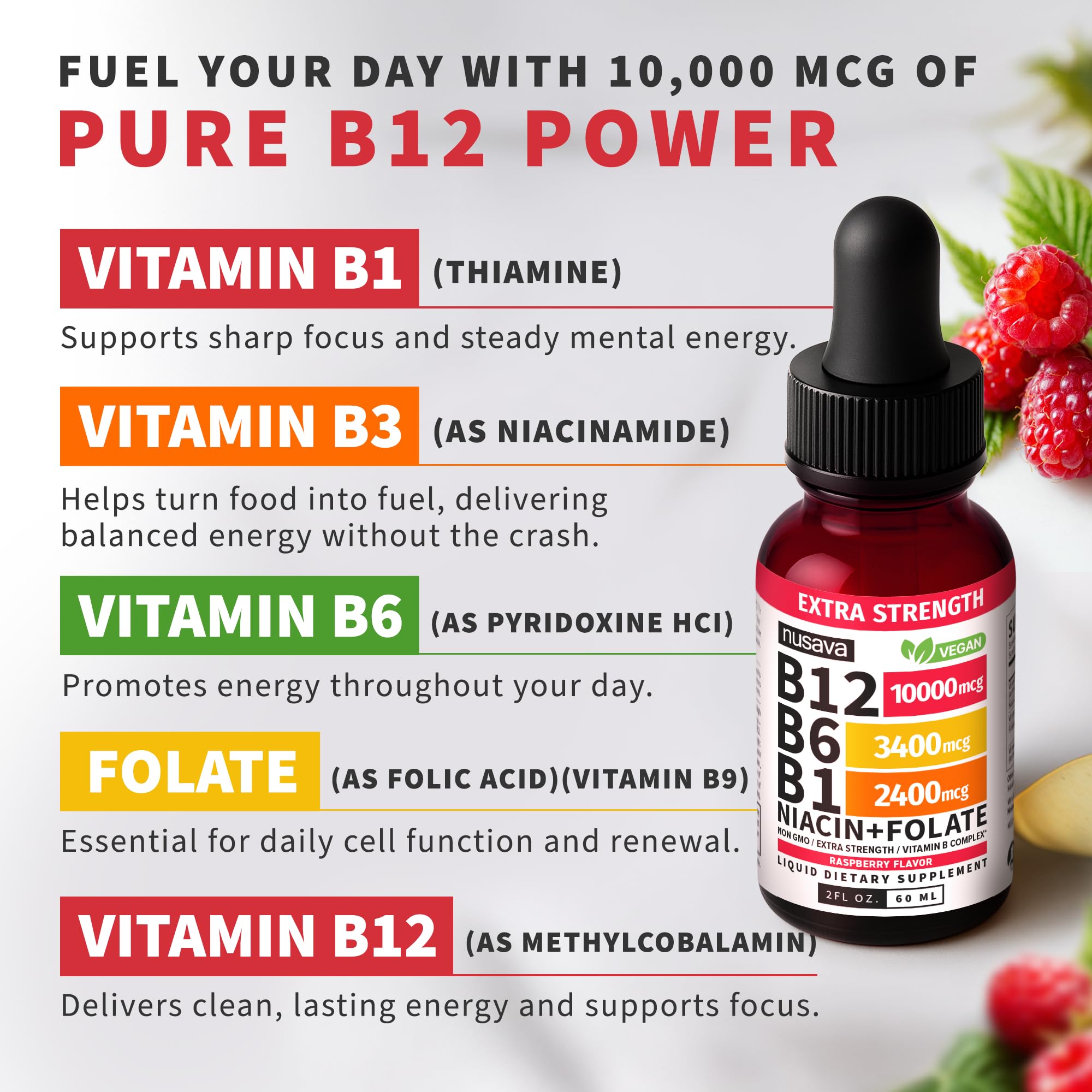 NUSAVA B12 label highlights vegan, non-GMO gluten-free ingredients.
