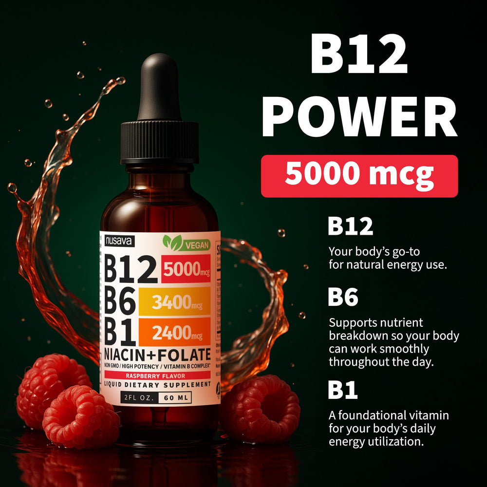 NUSAVA B12 Drops ingredients label highlighting vegan non-GMO gluten-free formula