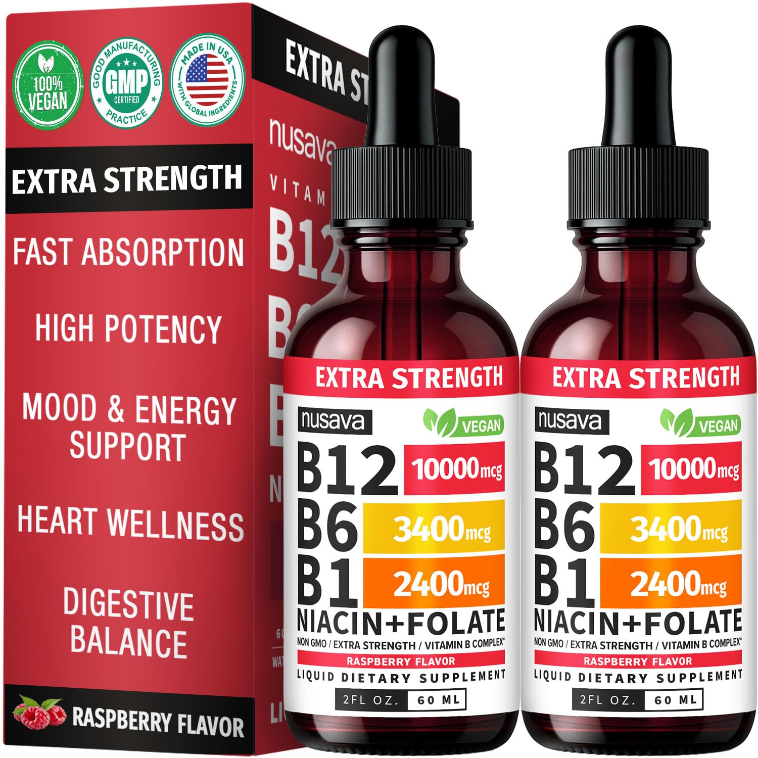 NUSAVA B12 drops bottle front showing raspberry flavor and potency.