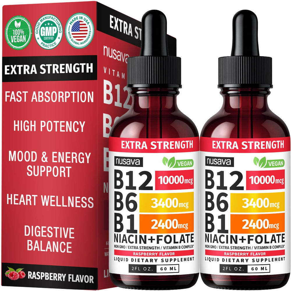 NUSAVA B12 drops bottle front showing raspberry flavor and potency.