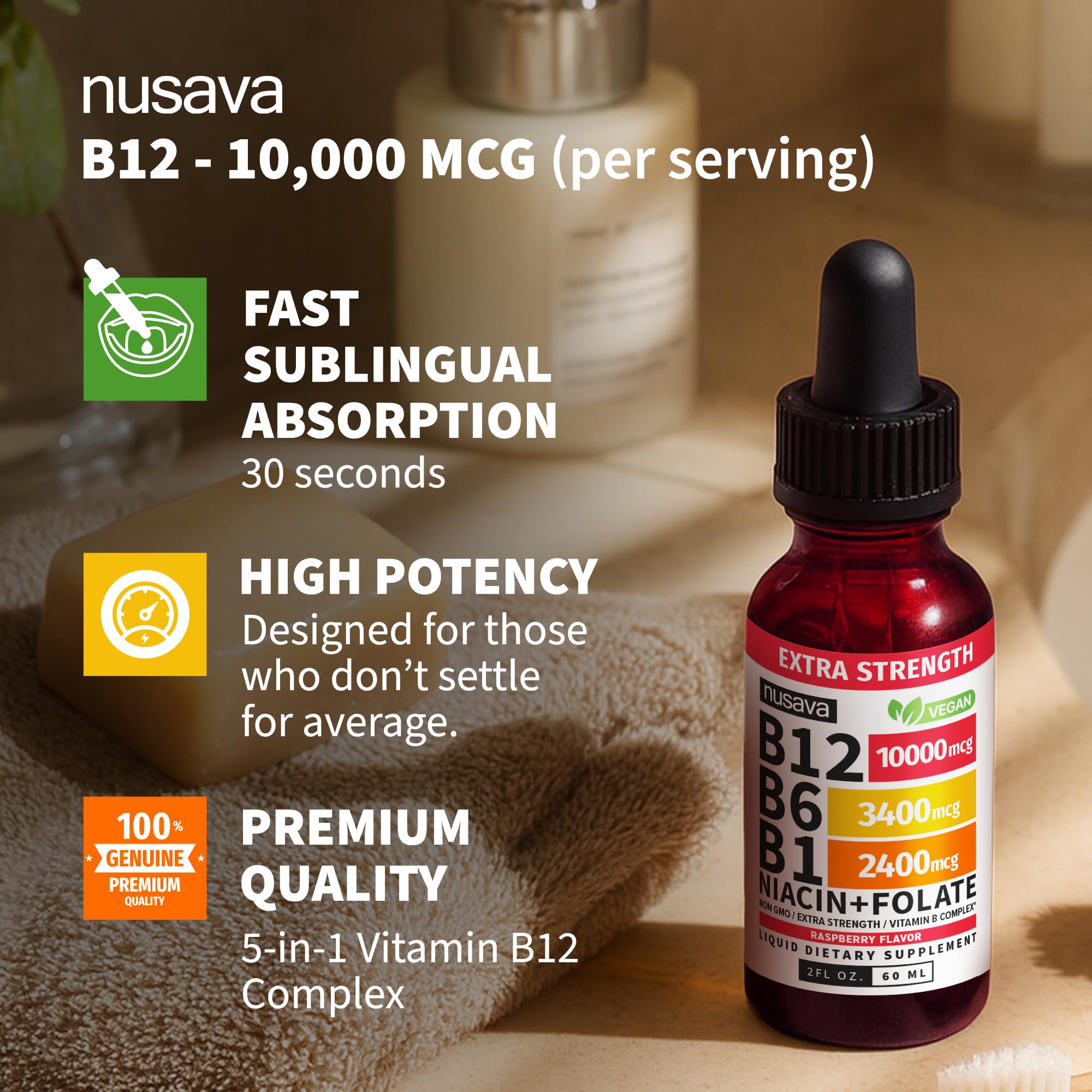 NUSAVA B12 vegan non-GMO labeling indicates a clean supplement.