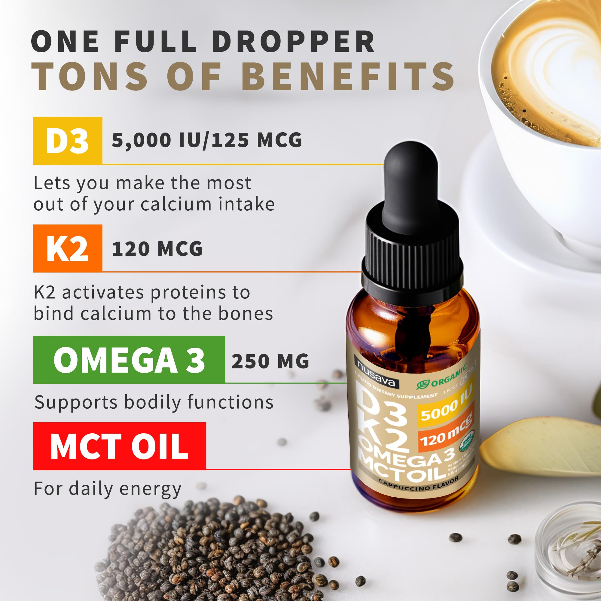 Dropper dispensing D3 K2 drops for easy daily dosing.