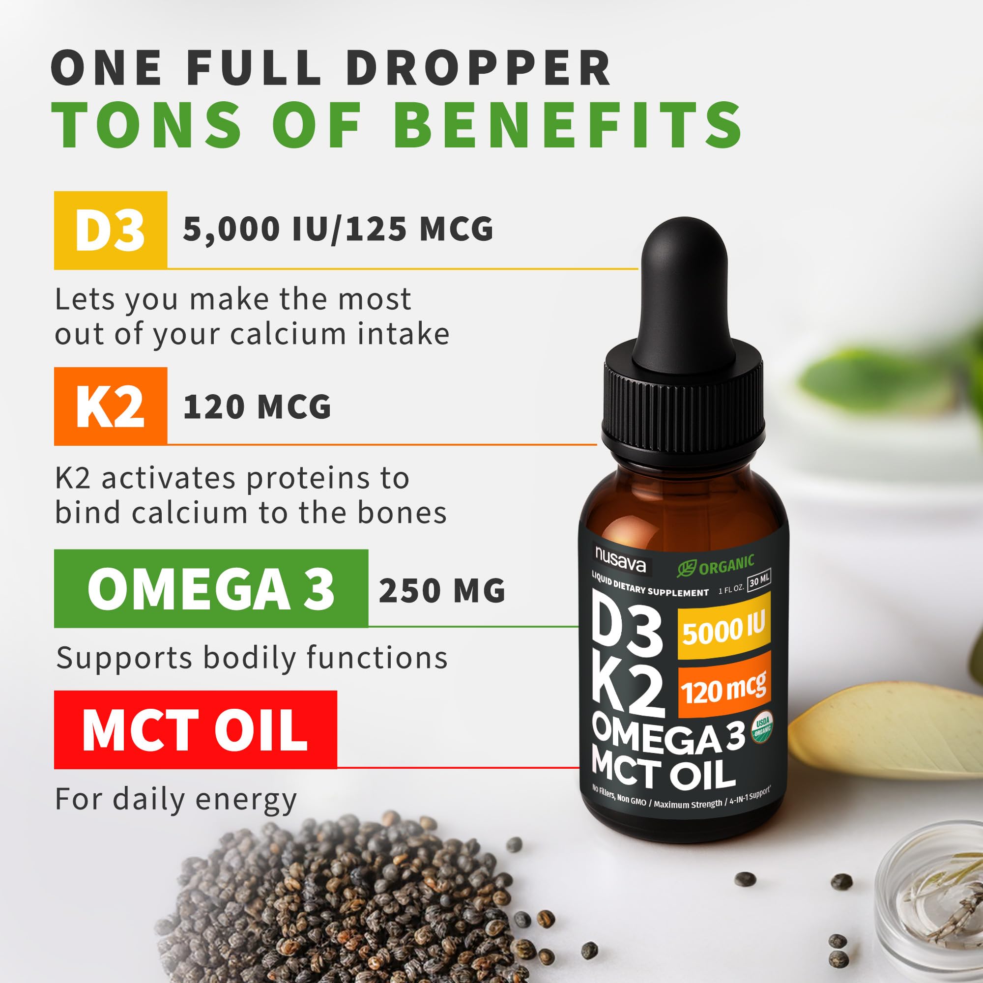 NUSAVA D3 K2 drops label closeup with organic, non-GMO ingredients.