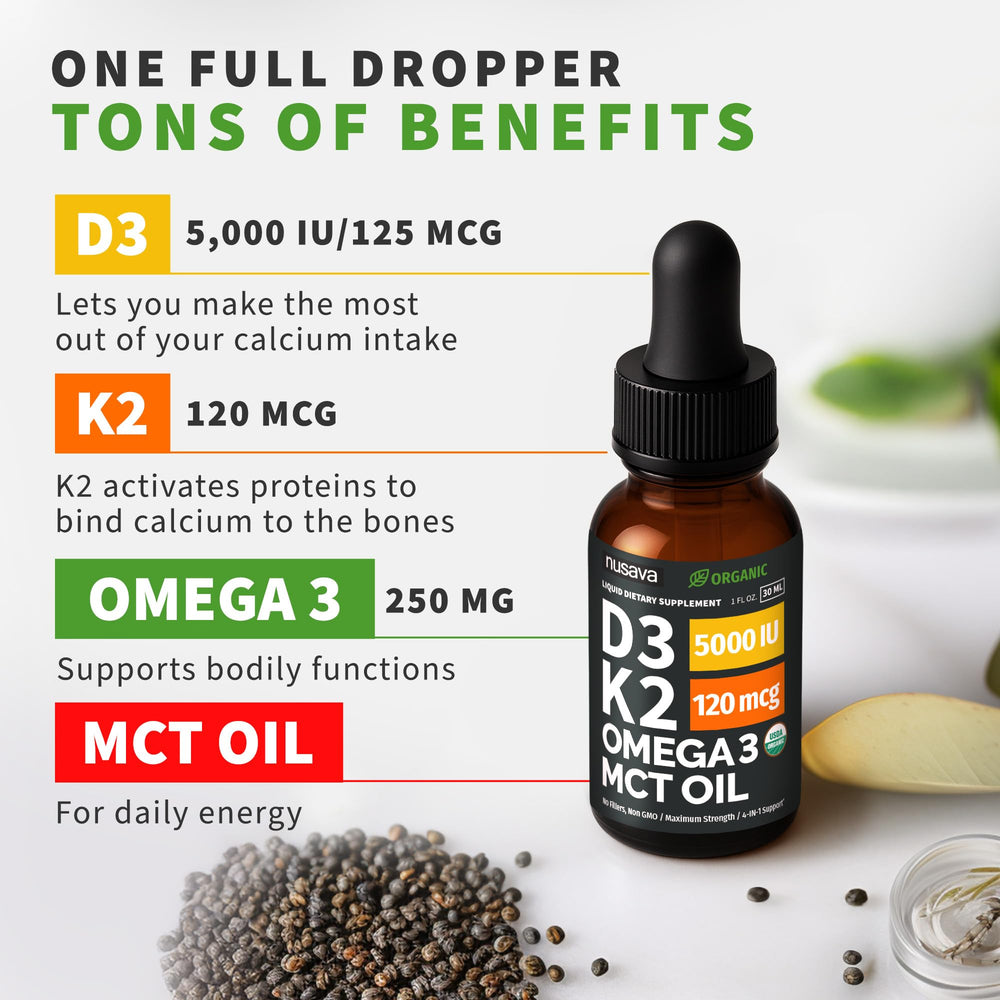 NUSAVA D3 K2 drops label closeup with organic, non-GMO ingredients.