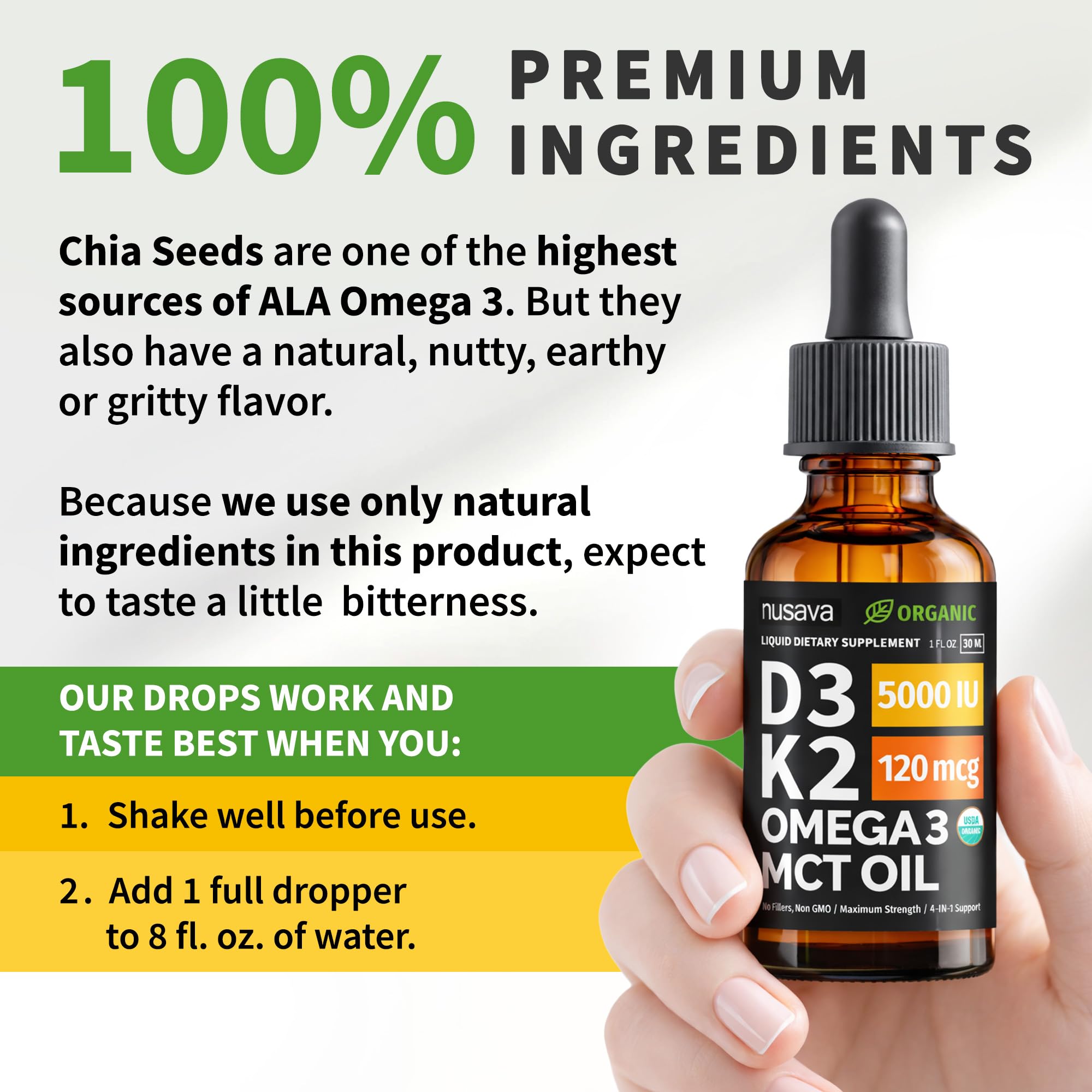 NUSAVA D3 K2 drops organic ingredients emphasize purity.