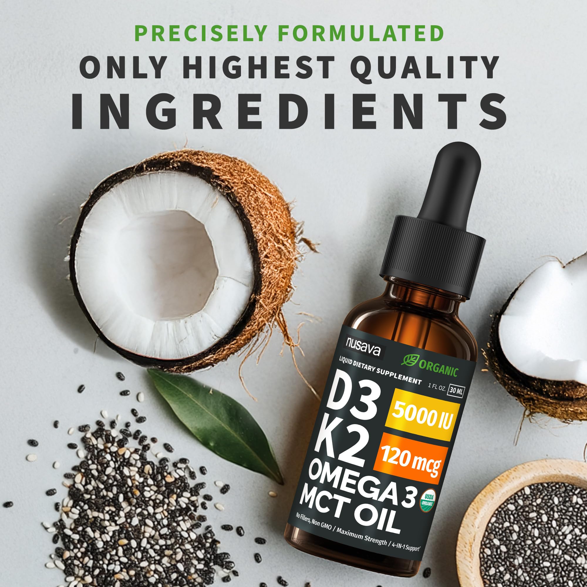 NUSAVA D3 K2 drops unflavored bottle suitable for mixing.