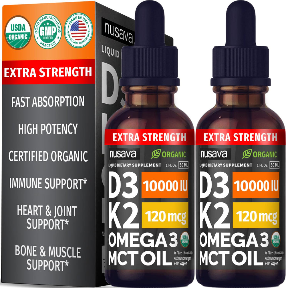 NUSAVA D3K2 Drops bottle shows high potency with MCT oil base.