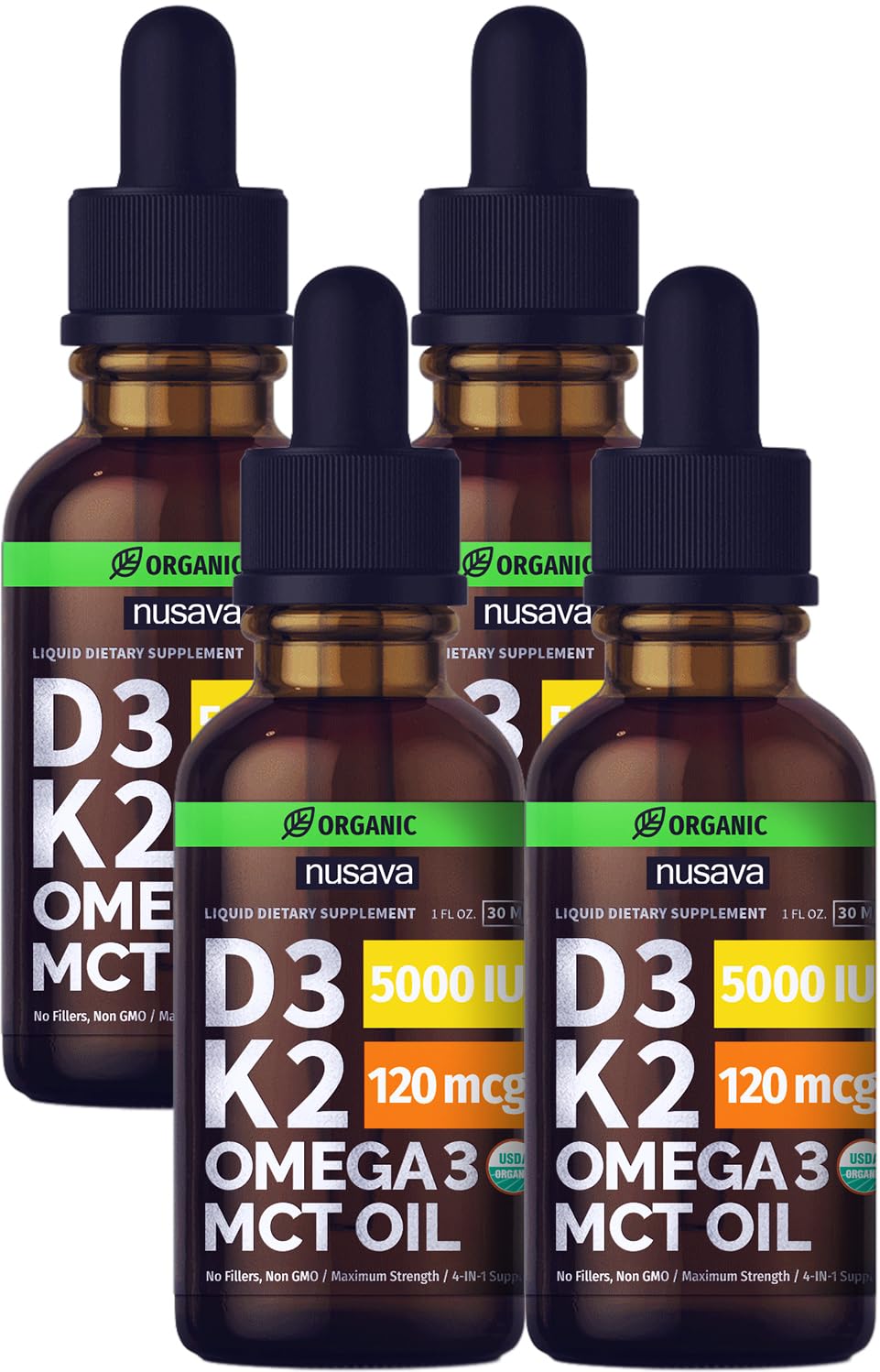NUSAVA D3 K2 drops bottle shows potent liquid formula for daily immune and bone support.