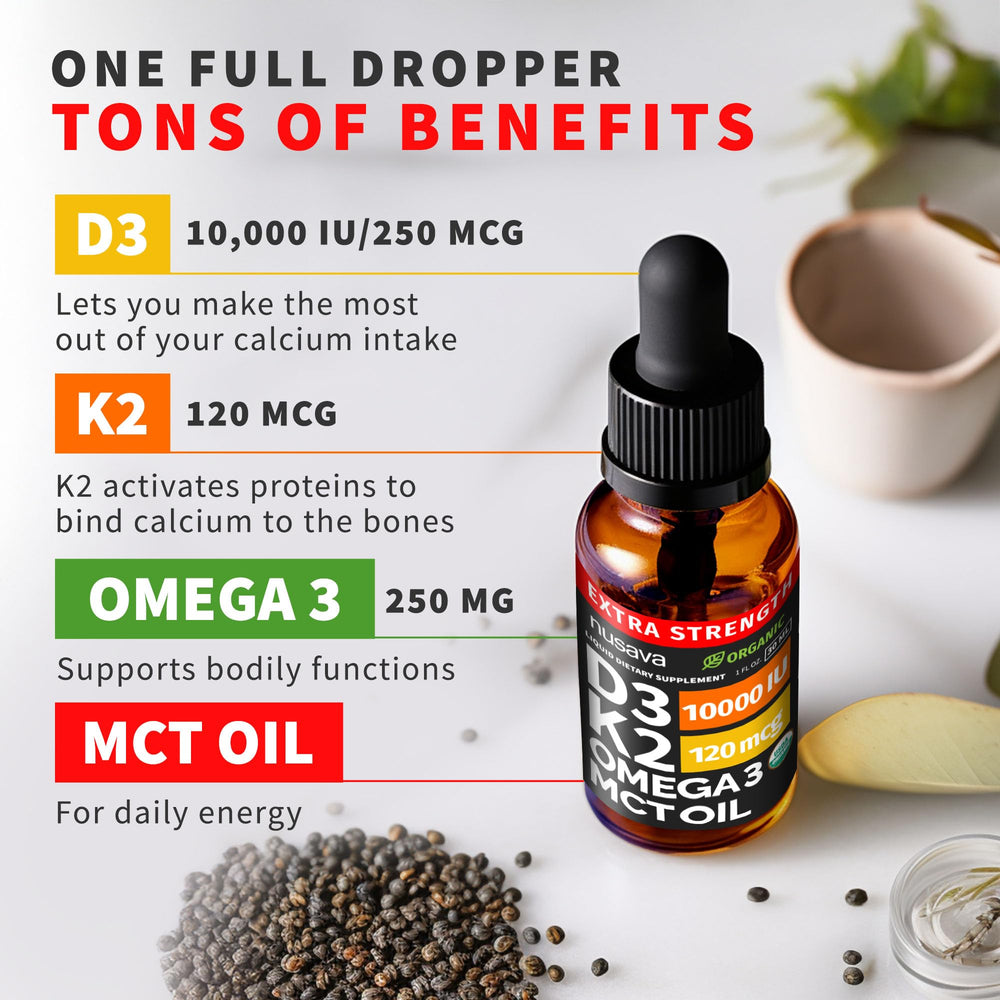 NUSAVA D3K2 Drops label highlights organic and non-GMO ingredients.