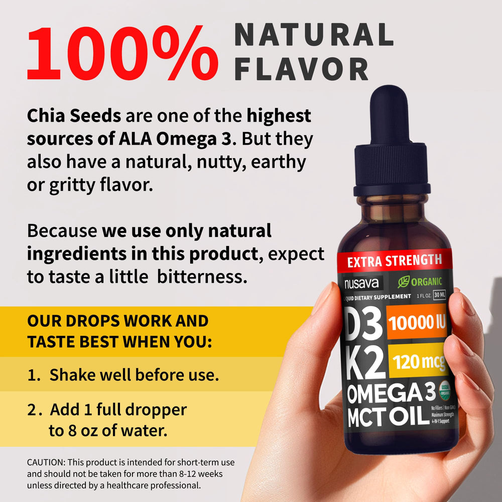 NUSAVA D3K2 Drops clear bottle signals straightforward, clean formulation.