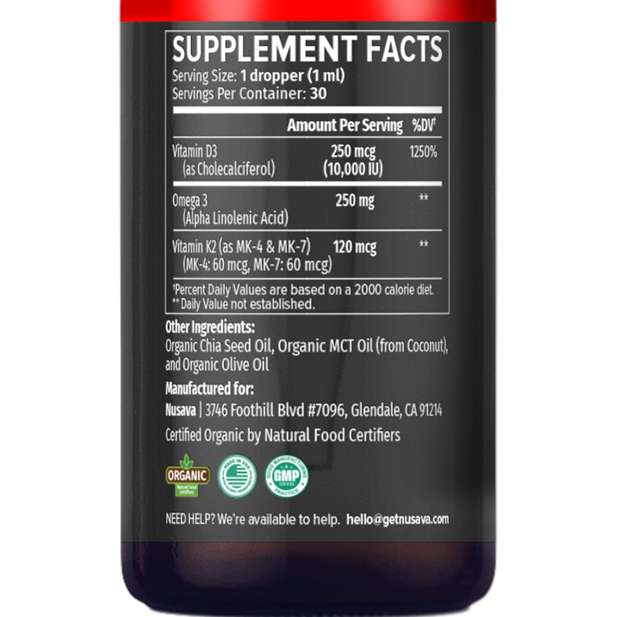 NUSAVA D3K2 Drops organic ingredients emphasize purity and potency.