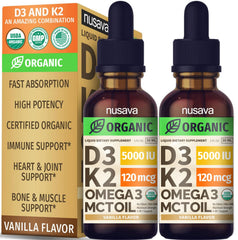NUSAVA Vitamin D3 K2 drops bottle close-up with vanilla flavor for immune support