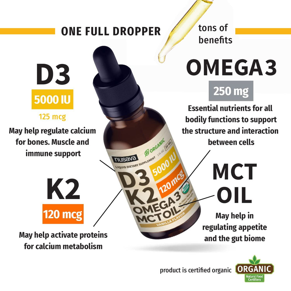 NUSAVA D3 K2 liquid bottle label show organic non-GMO promise