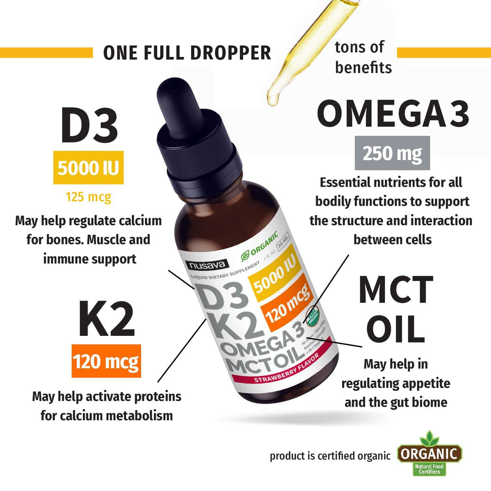 NUSAVA organic D3 K2 drops label highlighting clean, organic ingredients