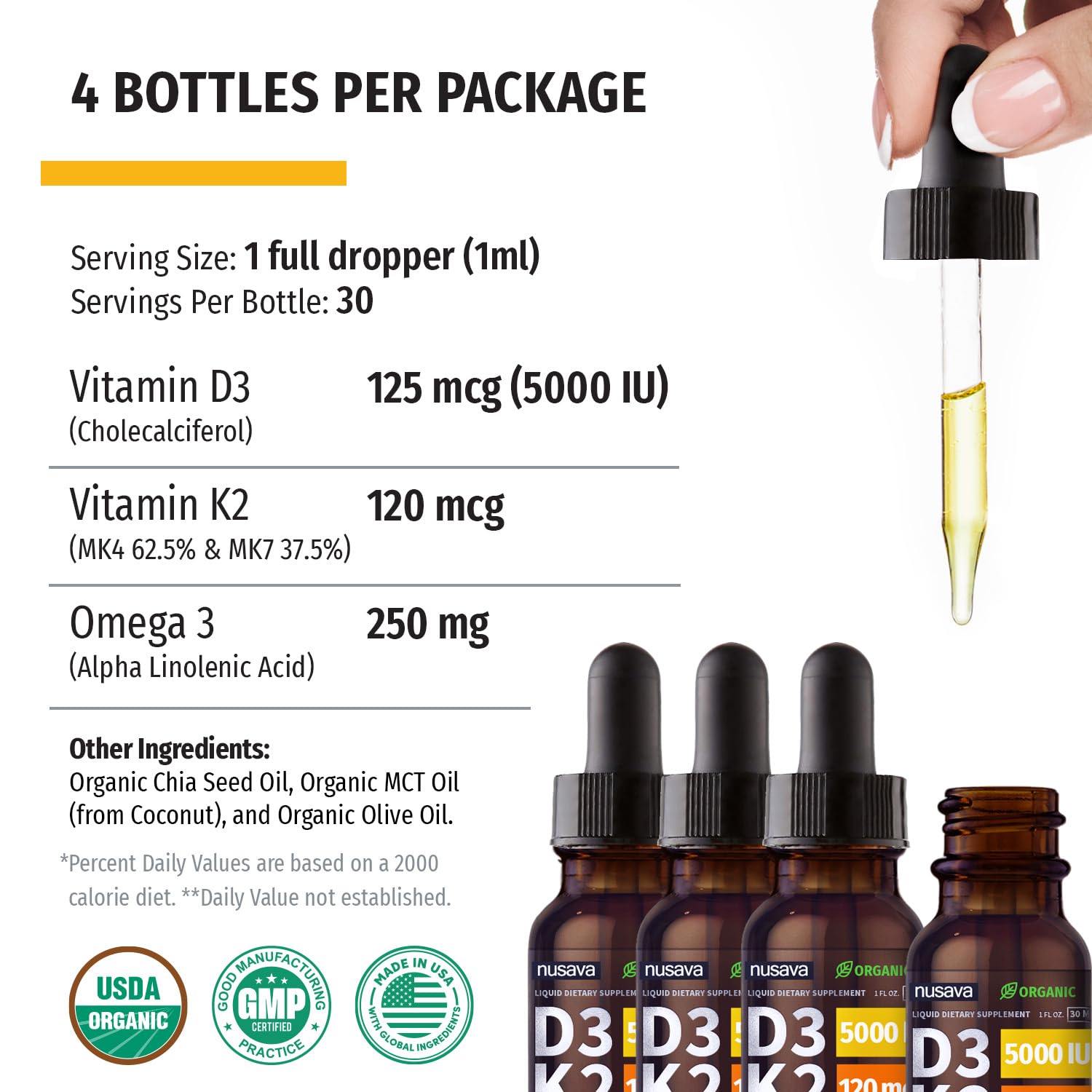 NUSAVA unflavored liquid D3 K2 displayed for versatile mixing.