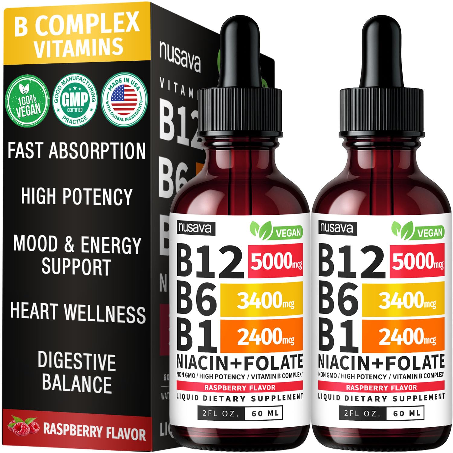 NUSAVA vitamin B12-B6 liquid drops bottle front view for daily support
