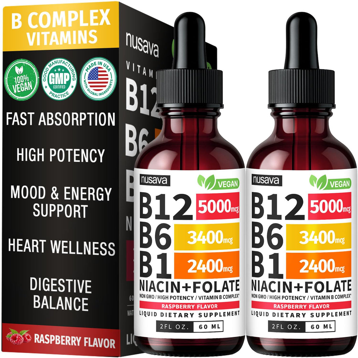 NUSAVA vitamin B12-B6 liquid drops bottle front view for daily support