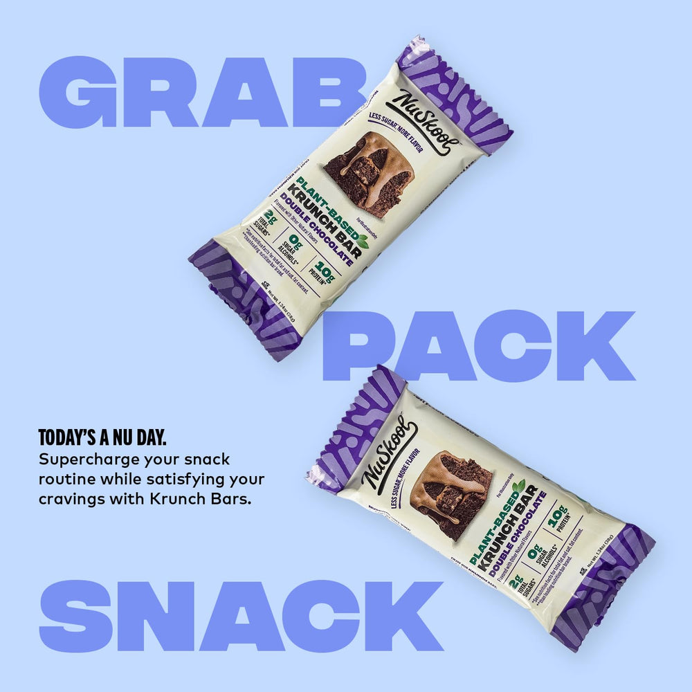 NuSkool Krunch bar highlighting low sugar and high fiber benefits