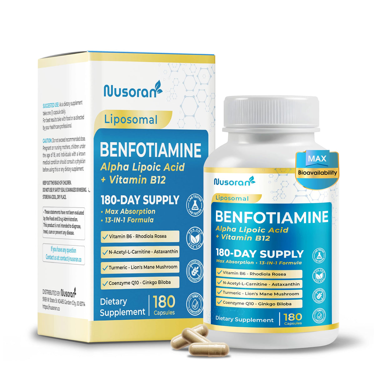NUSORAN Ultra Benfotiamine bottle showing the 13-in-1 formula for daily vitality