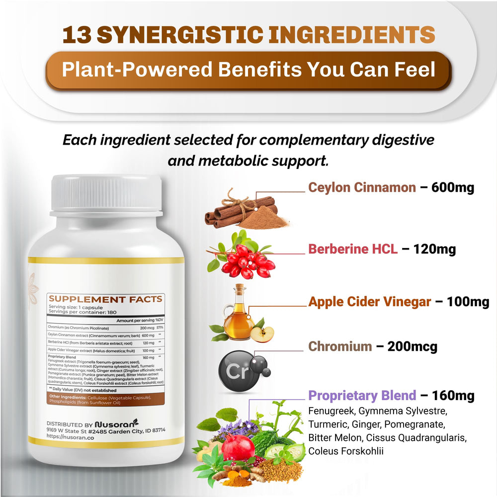 NUSORAN blend features cinnamon, berberine, apple cider vinegar for balanced digestion.