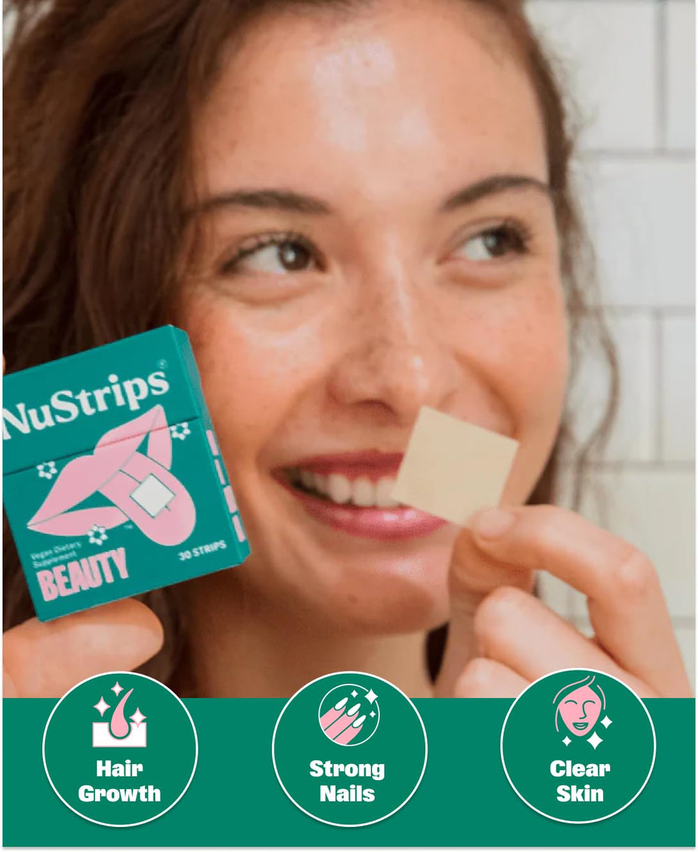 NuStrips biotin-folate-vitamin-e strip supports healthy hair and nails.
